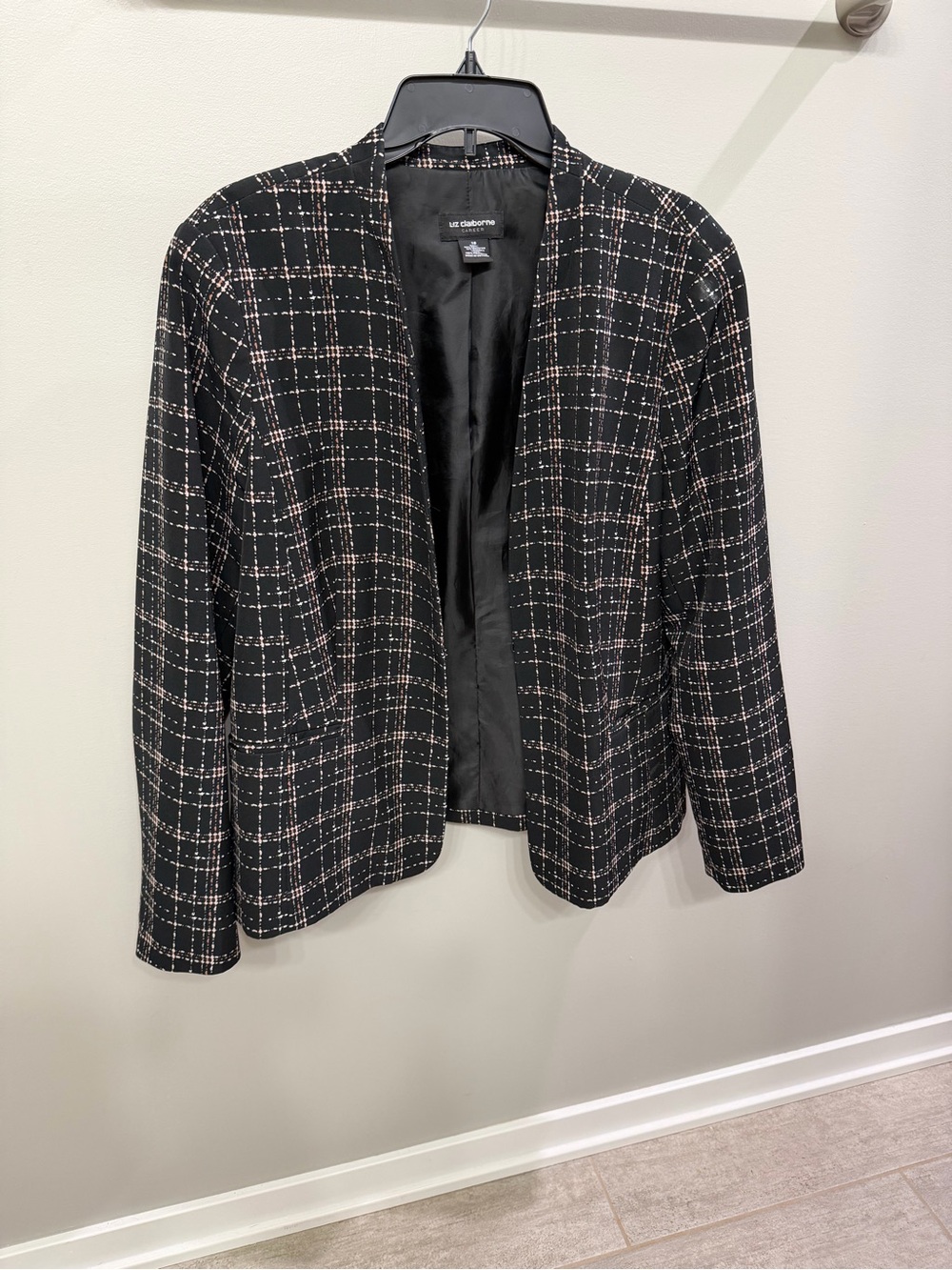Liz Claiborne Black Plaid Open-Front Tweed Blazer